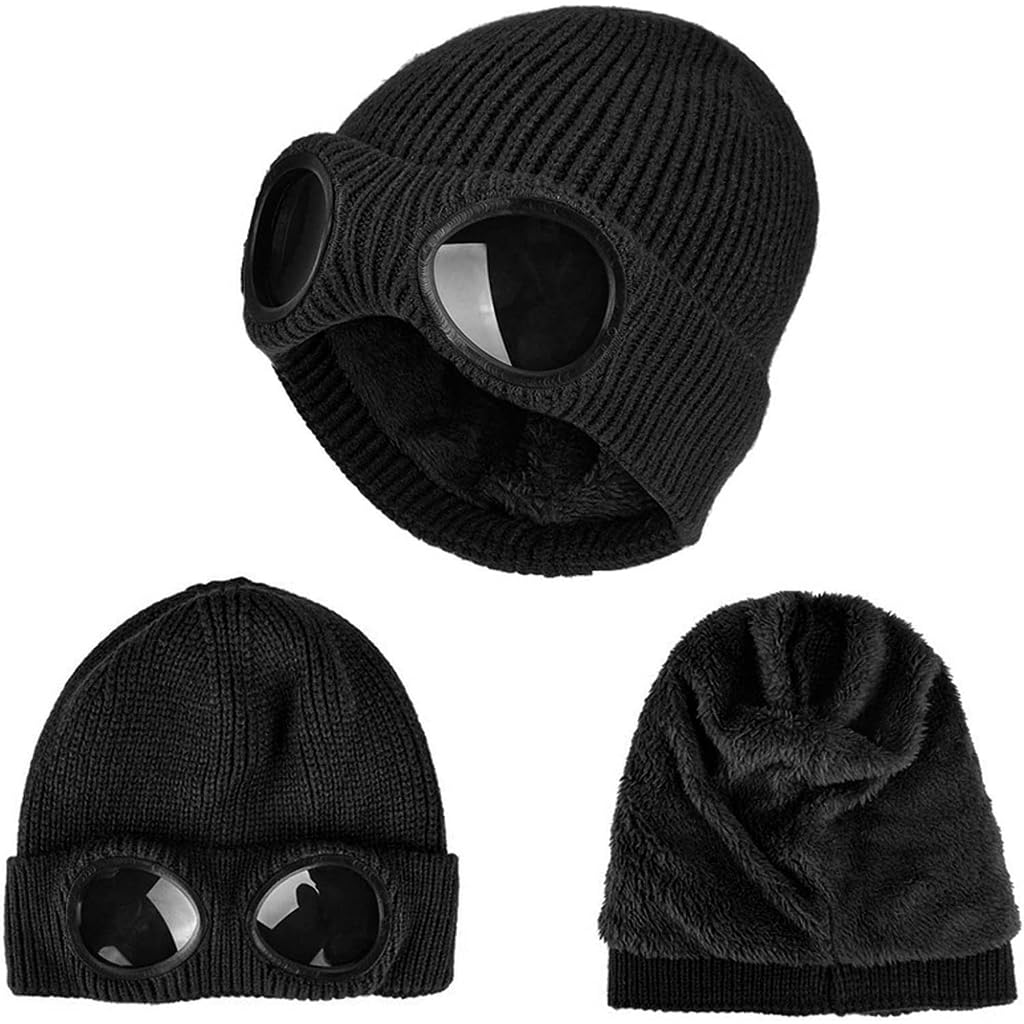 PALAY® Winter Hat Knitted Beanie Warm Hat Fashion Goggles Lens Knitted Cap Creative Couple Winter Hat Winter Stretchy Knitted Beanie Hat for Outdoor, Riding (Black)