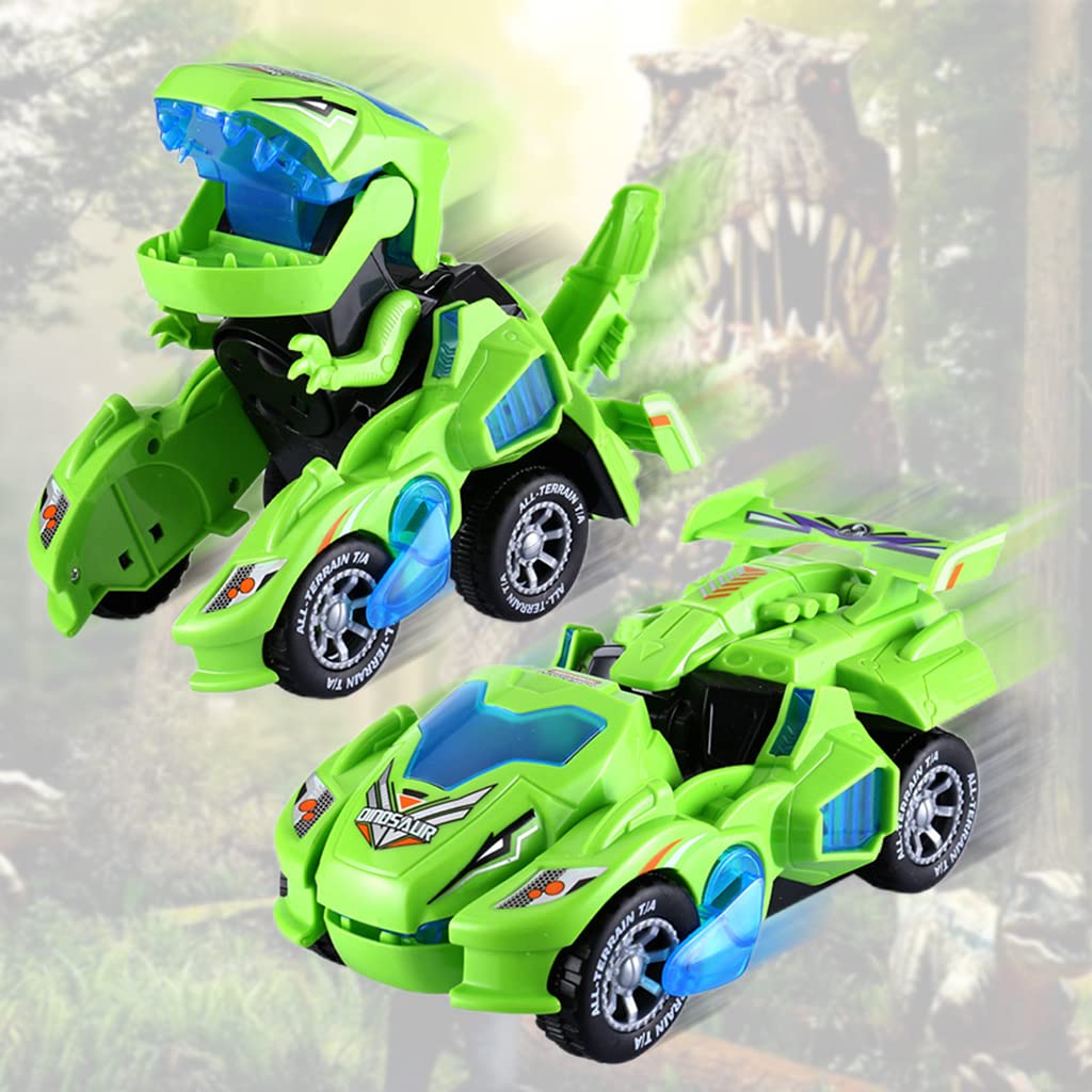 Qpets Dinosaur Car Toy with Sound and Light for Kids featuring Auto Transform | Green