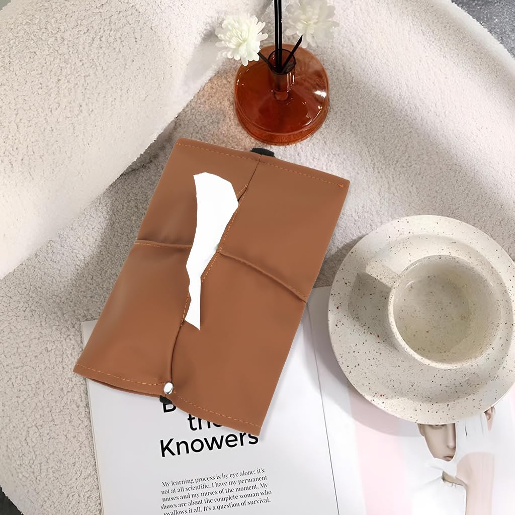 STHIRA Car Tissue Box for Center Console and Headrest featuring Adjustable Elastic Strap | Brown PU Leather Accessory