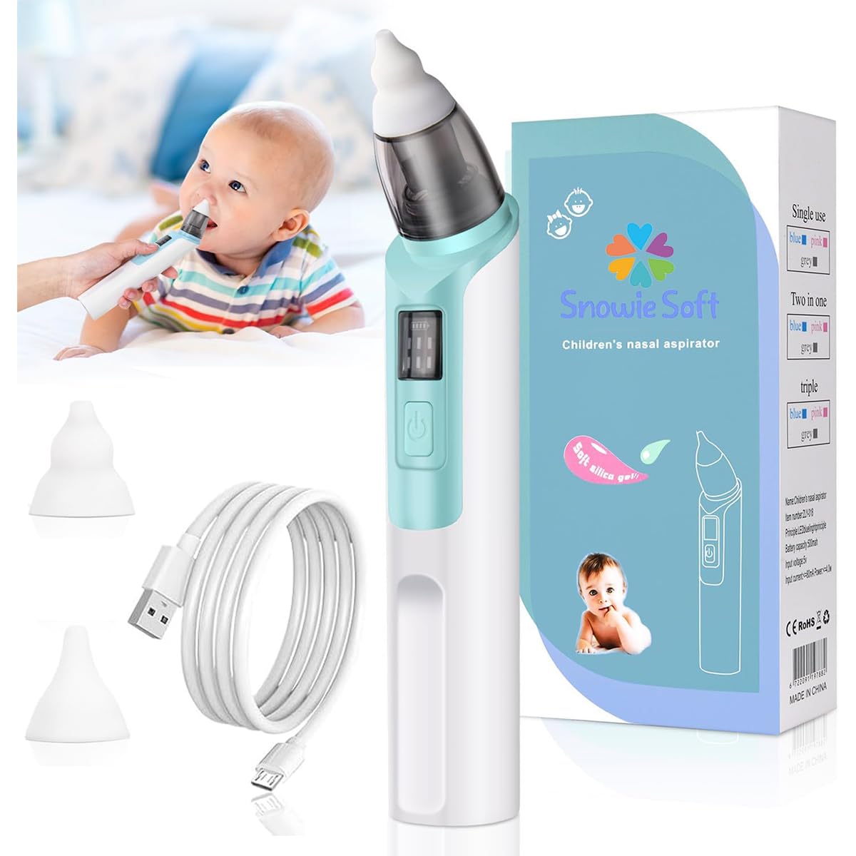 SNOWIE SOFT® USB Nasal Aspirator for Baby Electric Baby Nasal Aspirator Mucus Sucker for Baby Silent Baby Mucus Remover with 6 Adjustable Suction Strength Waterproof Baby Nasal Aspirator