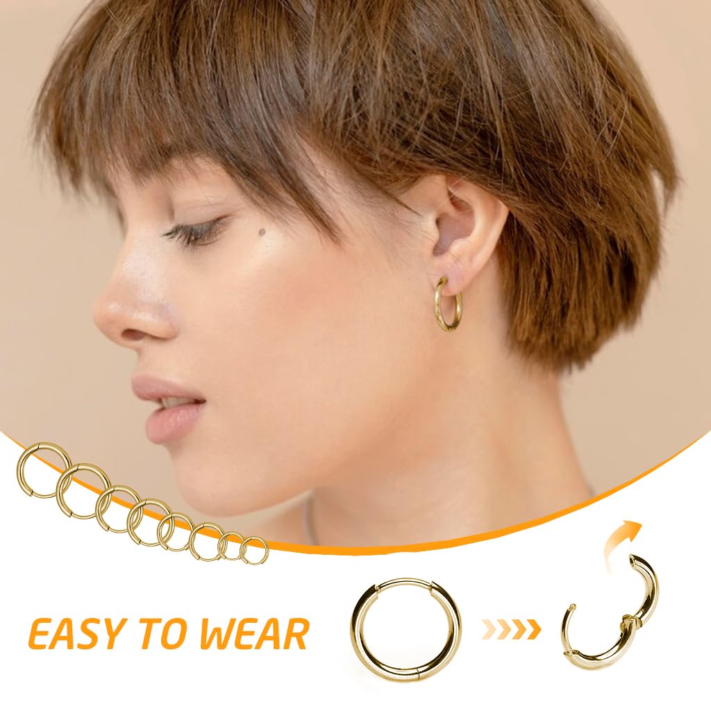 SANNIDHI Hoop Earrings for Women and Men with 4 Pairs 8mm–14mm Gold Stainless Steel | Minimalist Style