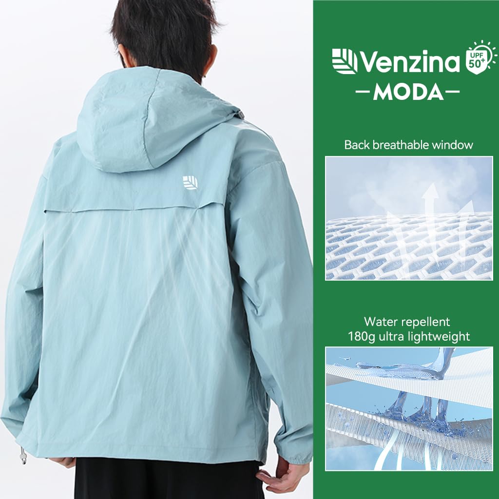 Venzina Men's Lightweight Athletic Jacket with UPF 50+ Sun Protection and Back Air Vent | Quick Dry Nylon Hooded Coat for Outdoor Workouts