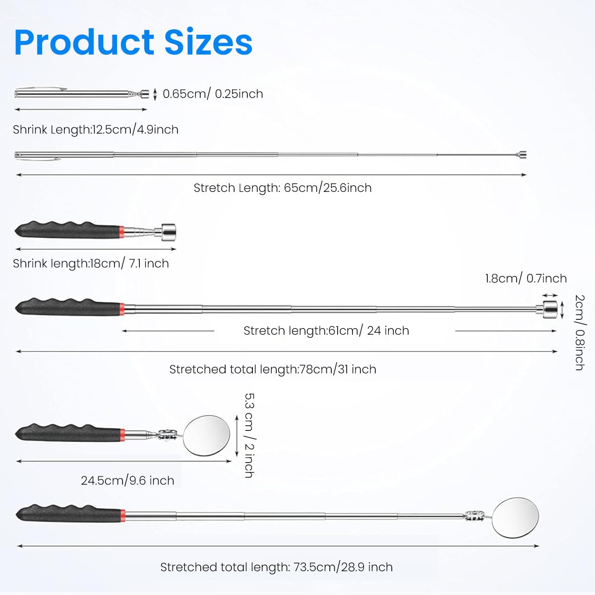 HASTHIP Magnetic Pick Up Tools Set of 4Pcs Telescopic Pickup Tools with Flexible Spring Loaded Grabber Tool & Telescopic Inspection Mirror Pocket Magnetic Pickup Sticks with Clip