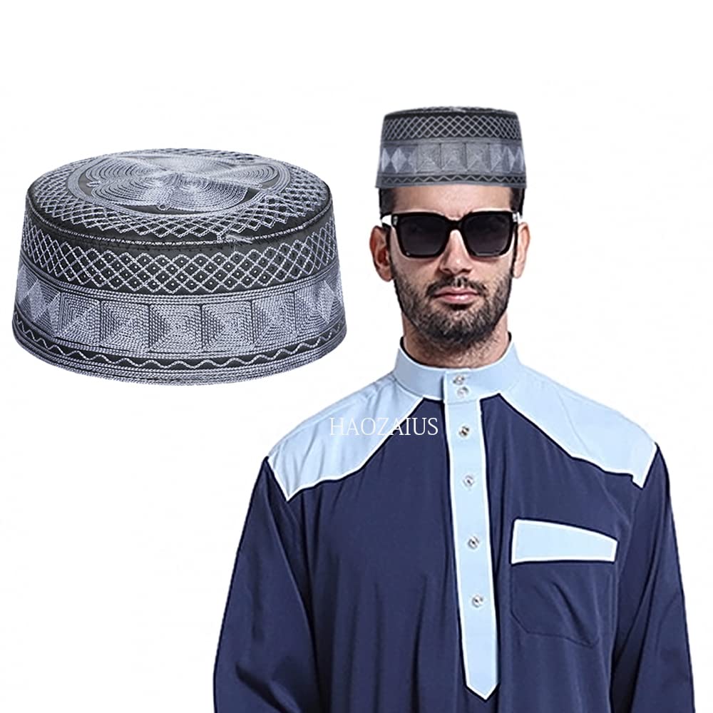 GUSTAVE® Muslim Cap for Men Islamic Prayer Skull Cap Muslim Eid Prayer Embroidered Kufi Fat Ramadan Mosque Arab Indian Prayer Cap Grey