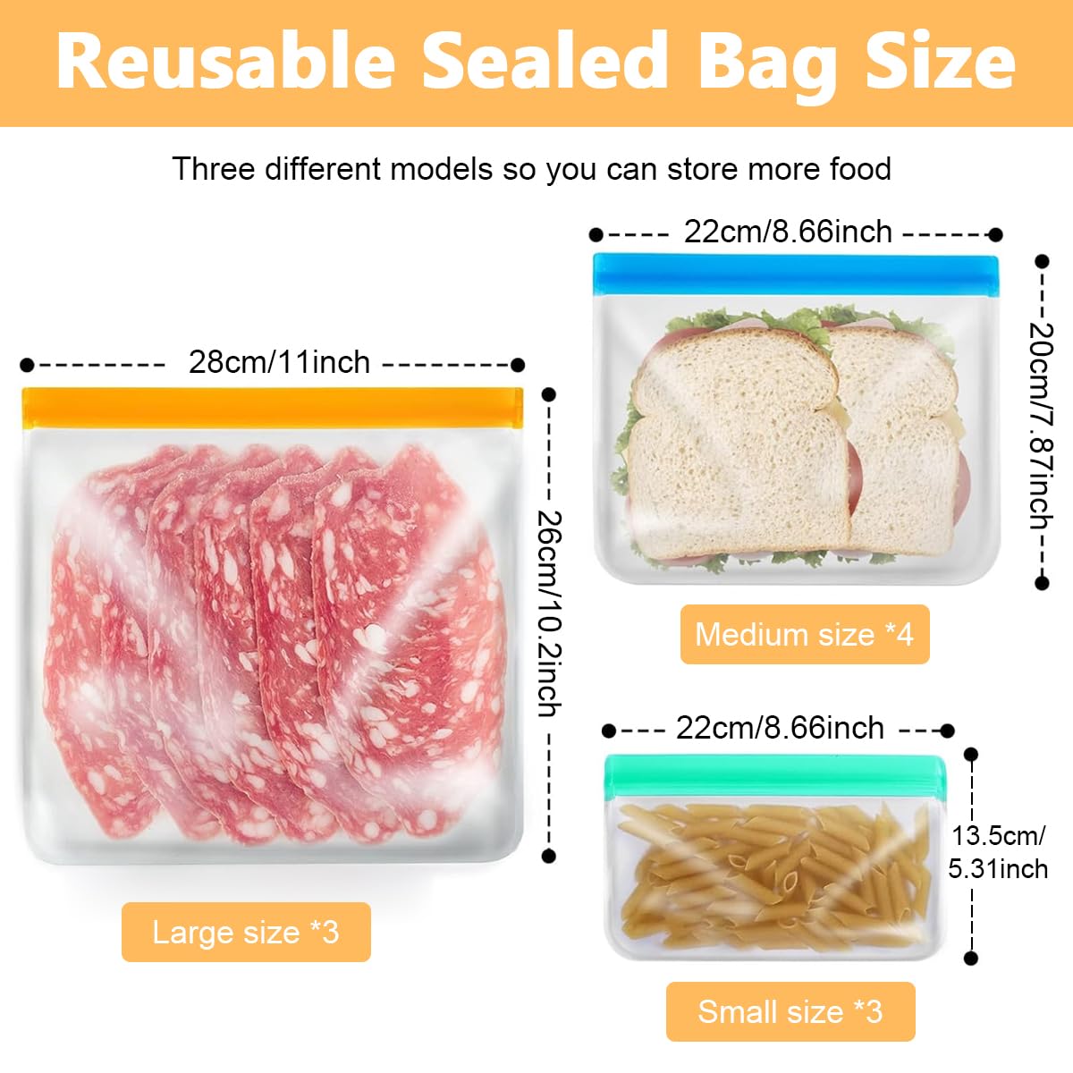 Supvox® 10Pcs Reusable Ziplock Bags Biodegradable EVA Food Bags, 3 Sizes Food Storage Bags Freezer Bags Leaking Proof Zip Lock Bags for Wet & Dry Food Utility Food Bags for Kitchen Organization