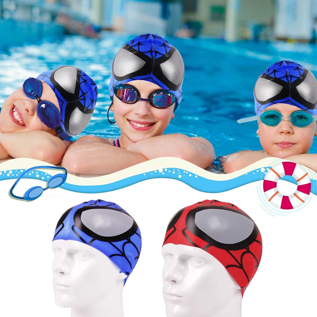 Proberos® Kids Silicone Swim Caps, Cartoon Spiderman Swimming Cap for Kids Elastic Silicone Swim Cap, Waterproof Stretchy for Children, Swimming Cap for Child Aged 3-6(2pc)