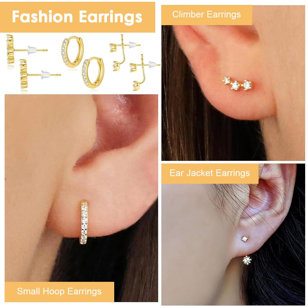 SANNIDHI Earrings Set for Women with 3 Pairs Gold Rhinestone Studs | Hypoallergenic Stainless Steel