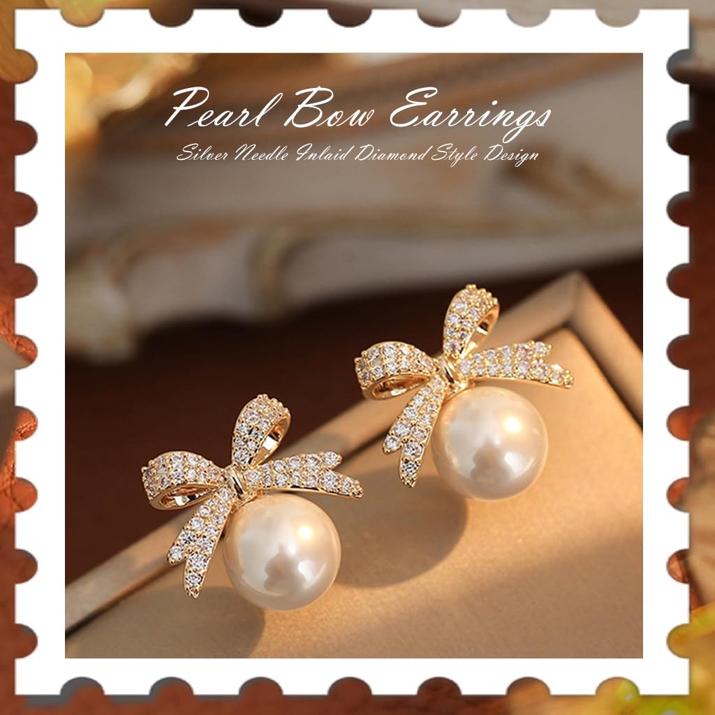 ZIBUYU Bow Pearl Earstuds featuring Rhinestone Embellished Alloy Design for Women | Elegant Gift for Weddings and Birthdays