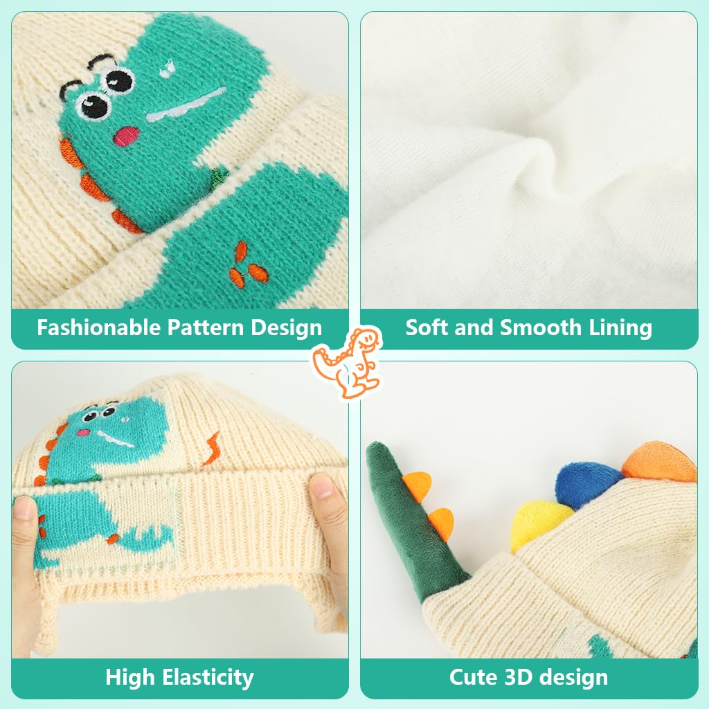 SNOWIE SOFT Cute Dinosaur Knitted Winter Cap for Kids 2–4 with Ear Guards | Beige Warm Beanie