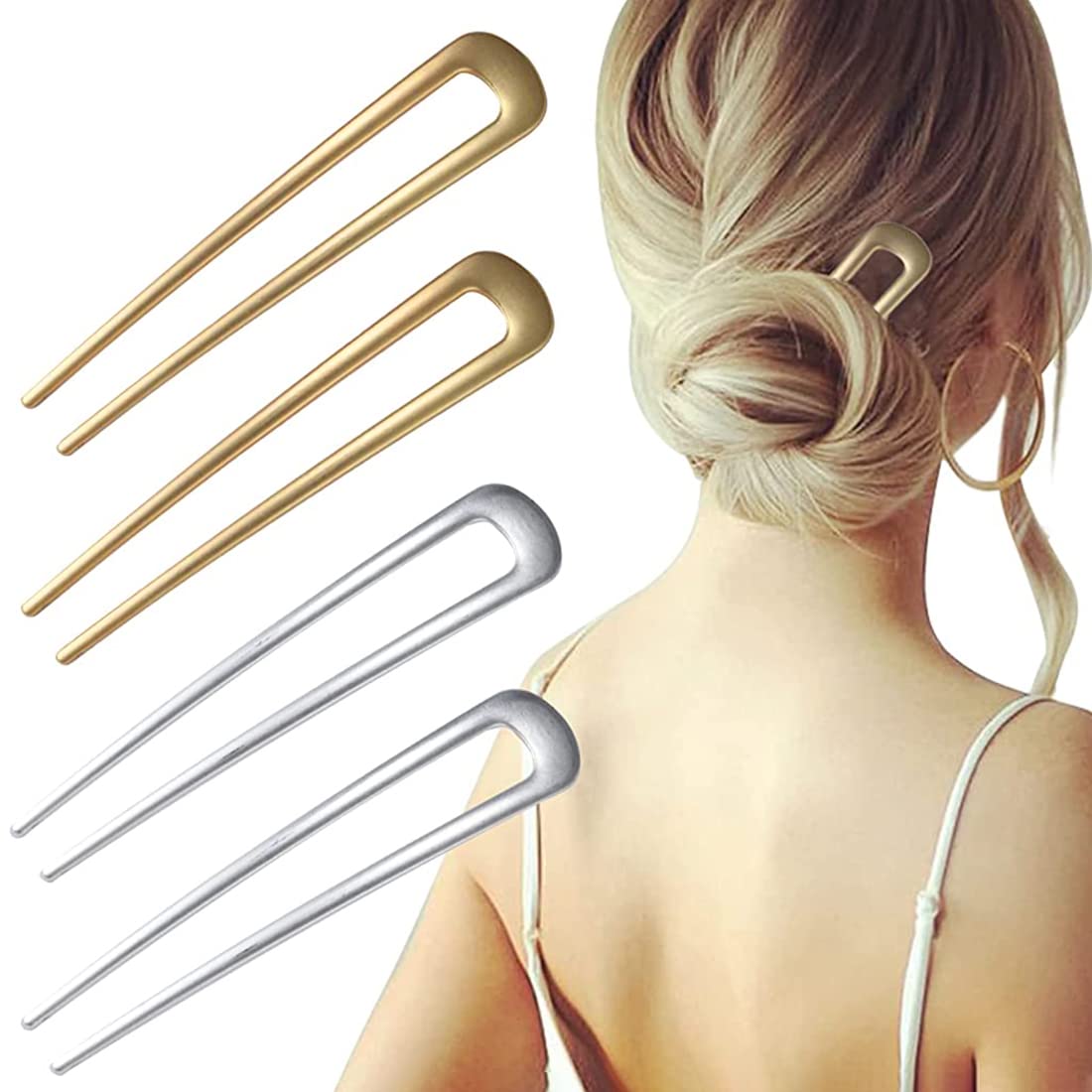 ZIBUYU Hair Pins for Women featuring U Shaped Metal Design with Natural Pearls 4 Pcs | Silver and Gold Elegant Bun Clips