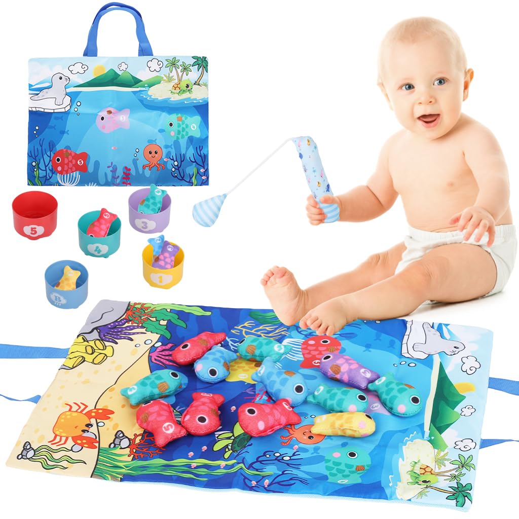 SNOWIE SOFT Magnetic Fishing Game Set for Toddlers with Fabric Mat and Plush Fish | Educational Color Sorting and Hand Eye Coordination Play