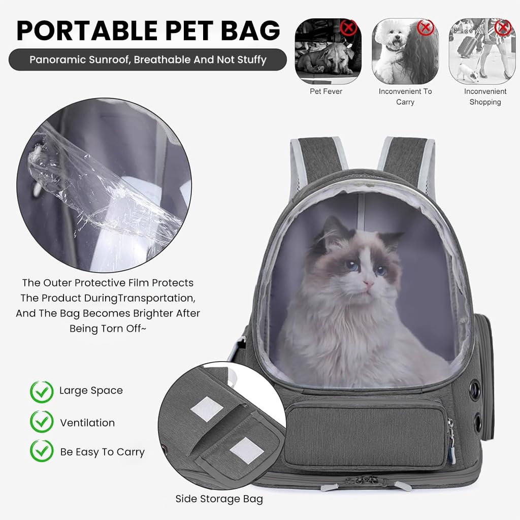 ZIBUYU Cat Carrier Backpack for Travel and Hiking featuring Bubble Window | Grey Ventilated Design