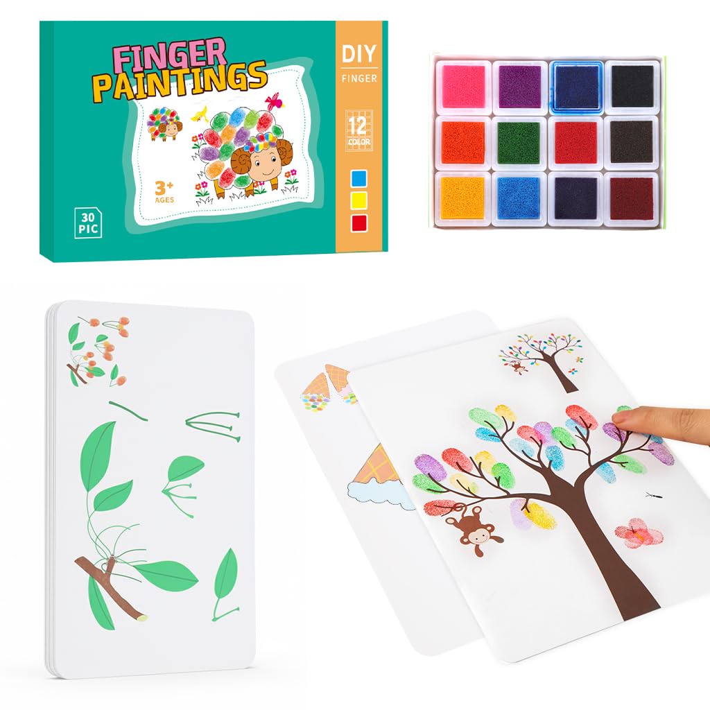 PATPAT Finger Painting Kit for Kids with 12 Washable Colors and 30 Drawing Cards | Non Toxic Art Set