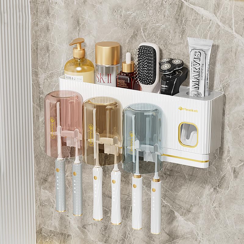 HASTHIP® Bathroom Organizer Toothpaste Dispenser Multifunctional Toothbrush Holder Toiletries Organizer Holder No Drill Wall Mount Bathroom Organizer Dust Proof Water Cup Holder Toothbrush Holder
