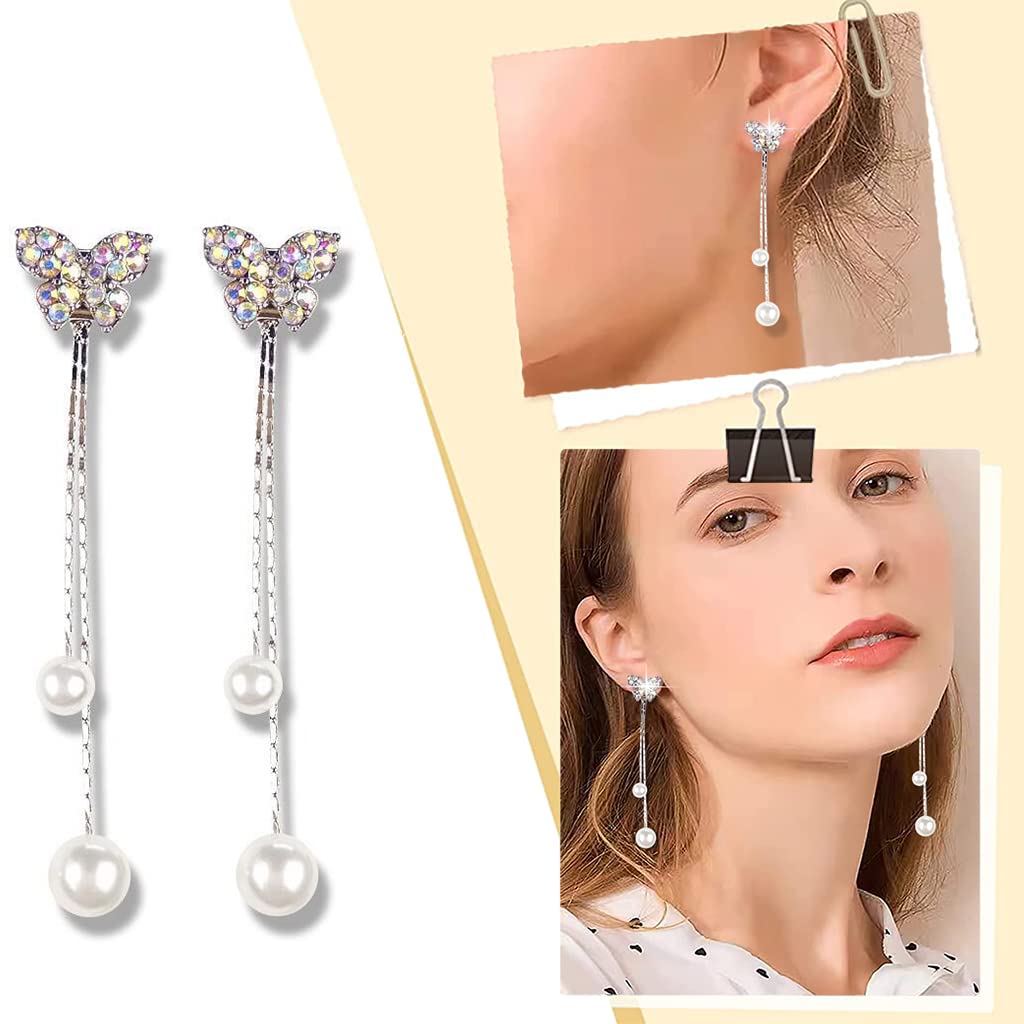 SANNIDHI Silver Earrings with Butterfly Tassel and Rhinestone Pearls for Women and Girls