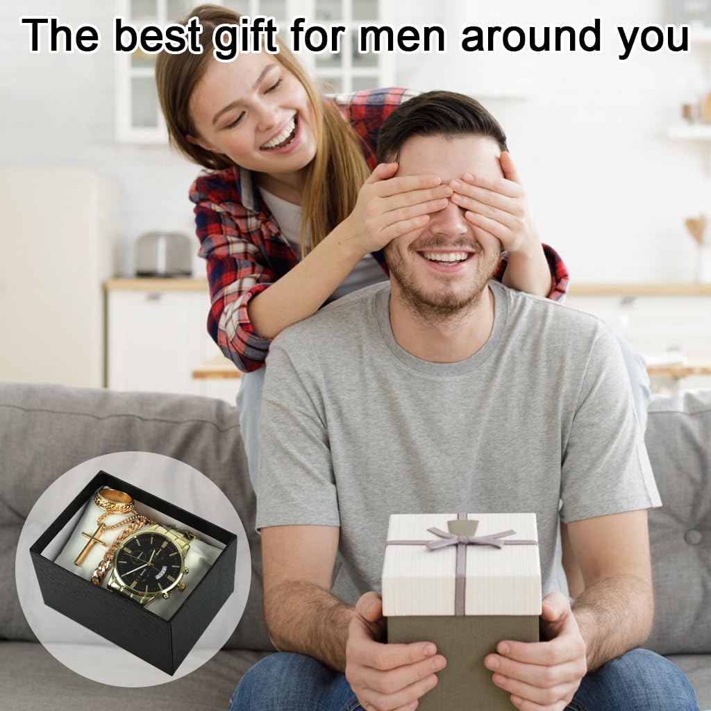 PROBEROS Watch for Man 4Pcs Jewellery Set with Gold Necklace Bracelet Ring & Gift Box | Stainless Steel Accessories for Men