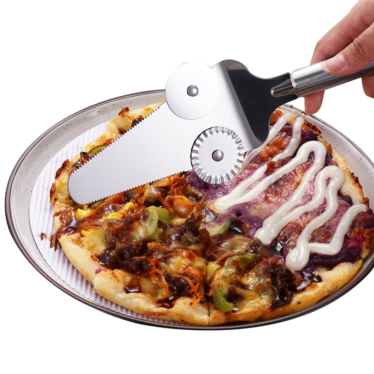 HASTHIP® Pizza Cutter Wheel 2 in 1 Stainless Steel Pizza Shovel, Dual Wheel Design Pizza Cutter Cake Shove, Dishwasher Safe, Perfect for Cakes & Desserts, Dishwasher Safe