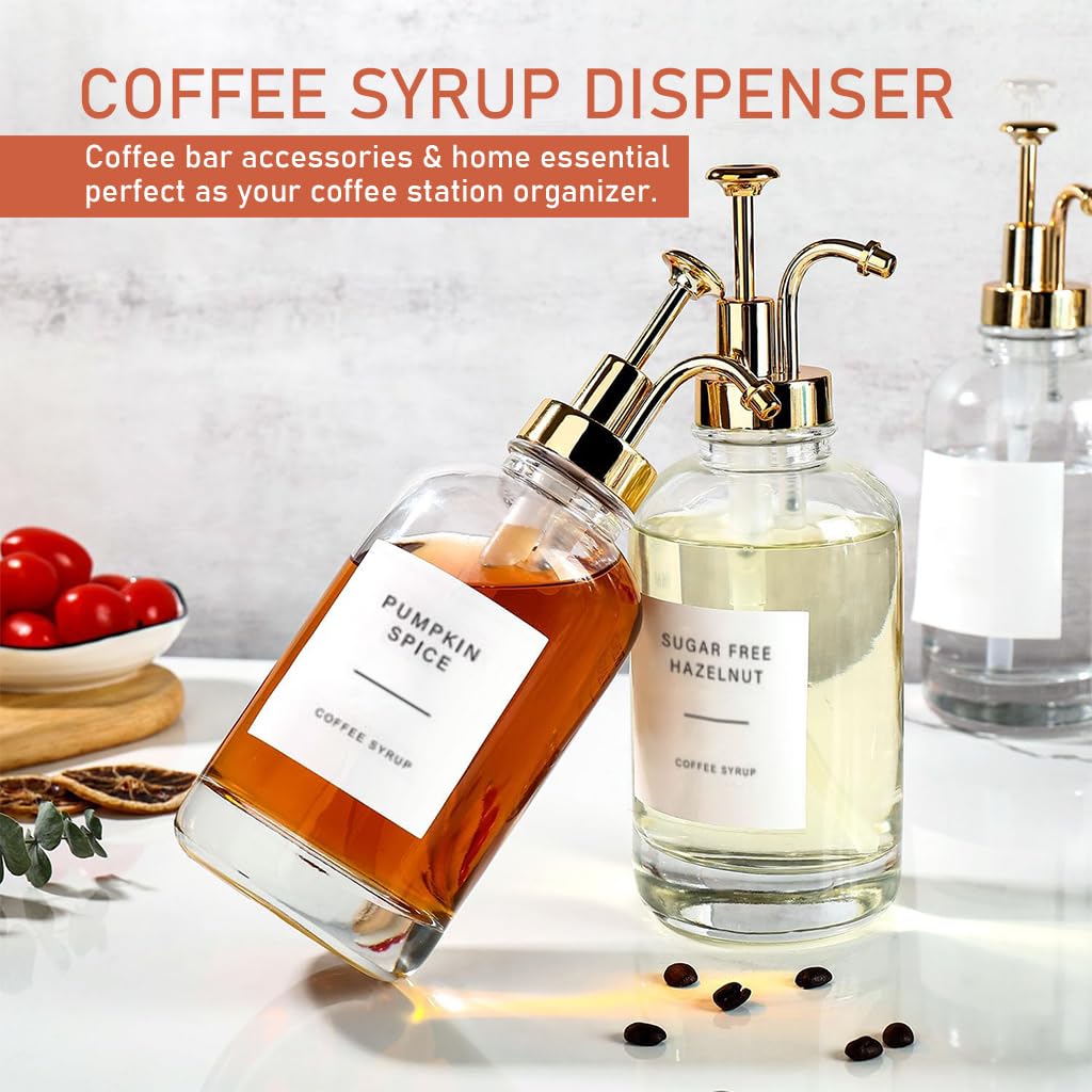 Supvox Coffee Syrup Dispenser for Kitchen and Coffee Bar with 16oz Glass Bottles & Pump | Includes Silicone Funnel and Label Stickers