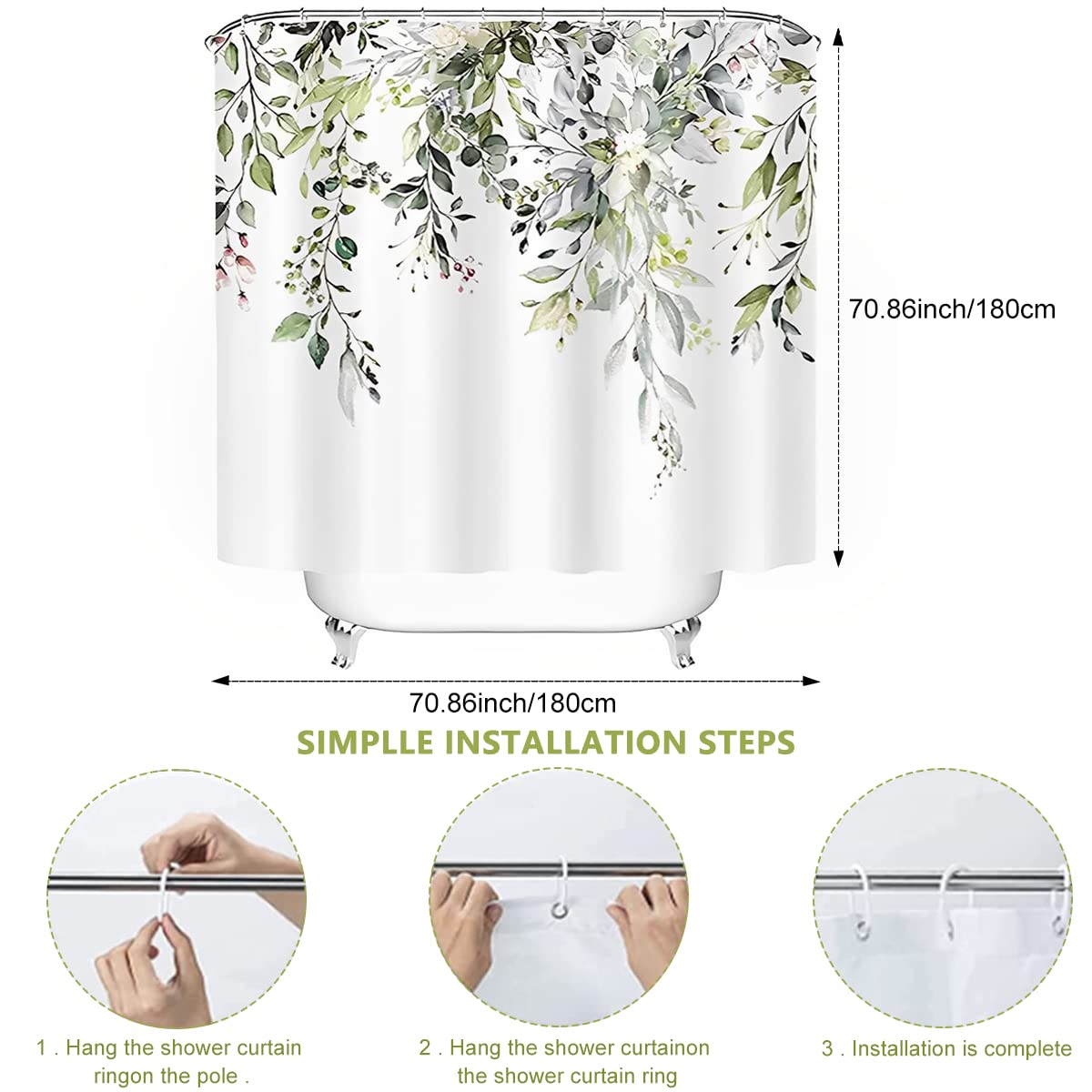 HASTHIP Plant Shower Curtain for Bathroom Decoration with Weighted Hem | 70.8x70.8 in Waterproof Polyester Fabric and Hooks