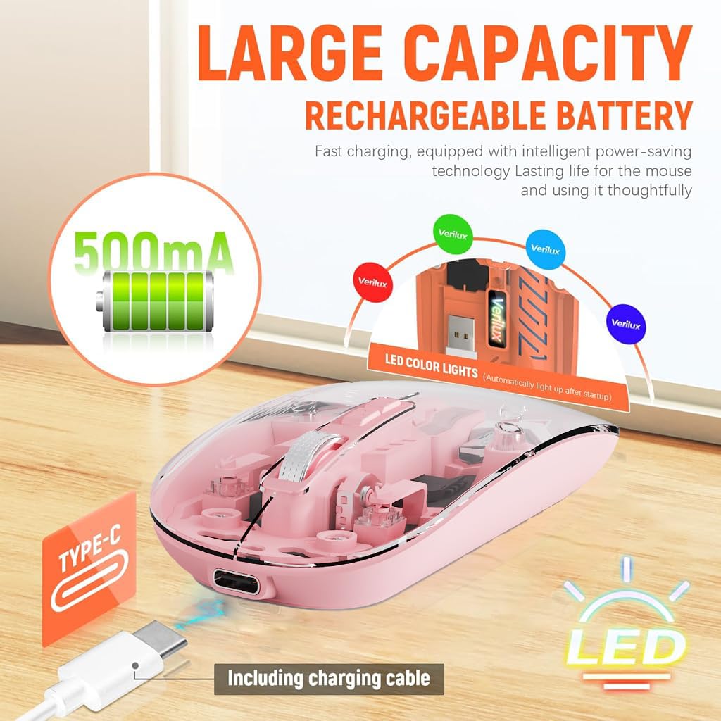 Verilux Wireless Mouse for Laptop with 2.4G & Bluetooth 5.1 featuring 1600DPI and Transparent Design