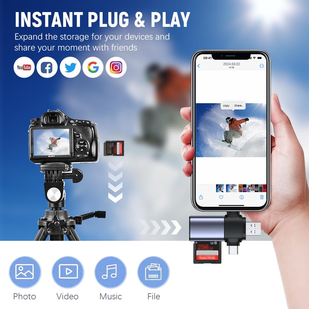 Verilux Card Reader for iPhone with Dual SD and TF Slots featuring 3 in 1 USB C & A Connectors
