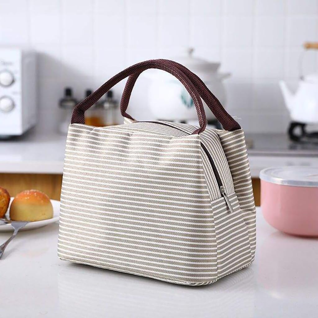 Zibuyu Insulated Lunch Bag for Office and School with Thermal Storage | Beige Stripe Oxford Tote for Women