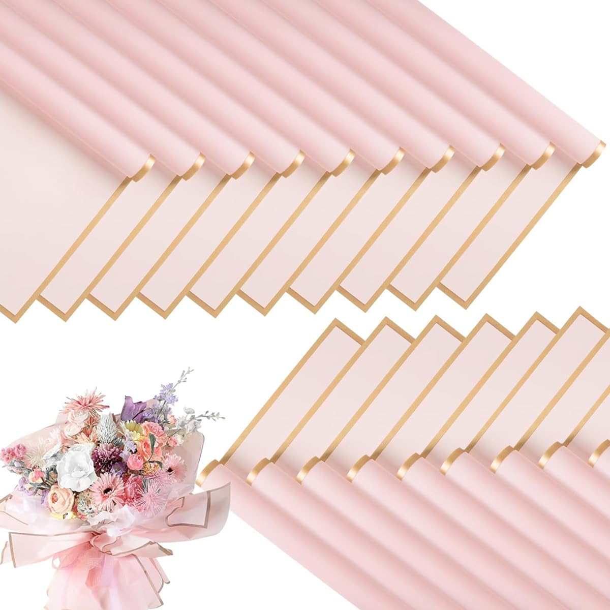 HASTHIP® 20 Sheet Pink Gift Wrapping Paper 22.8 Inches Square Gift Wrapping Paper Waterproof Laminated Paper Pink Golden Frame Gift Wrapping Paper Bouquet Wrapping Paper DIY Crafting Paper