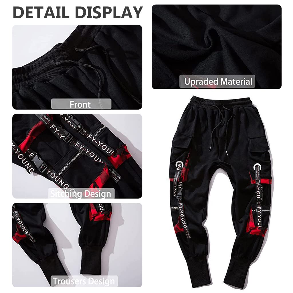 Venzina Cargo Pant for Men with 6 Pockets and Drawstring Waist, Size L 30.7in | Black Cotton Joggers