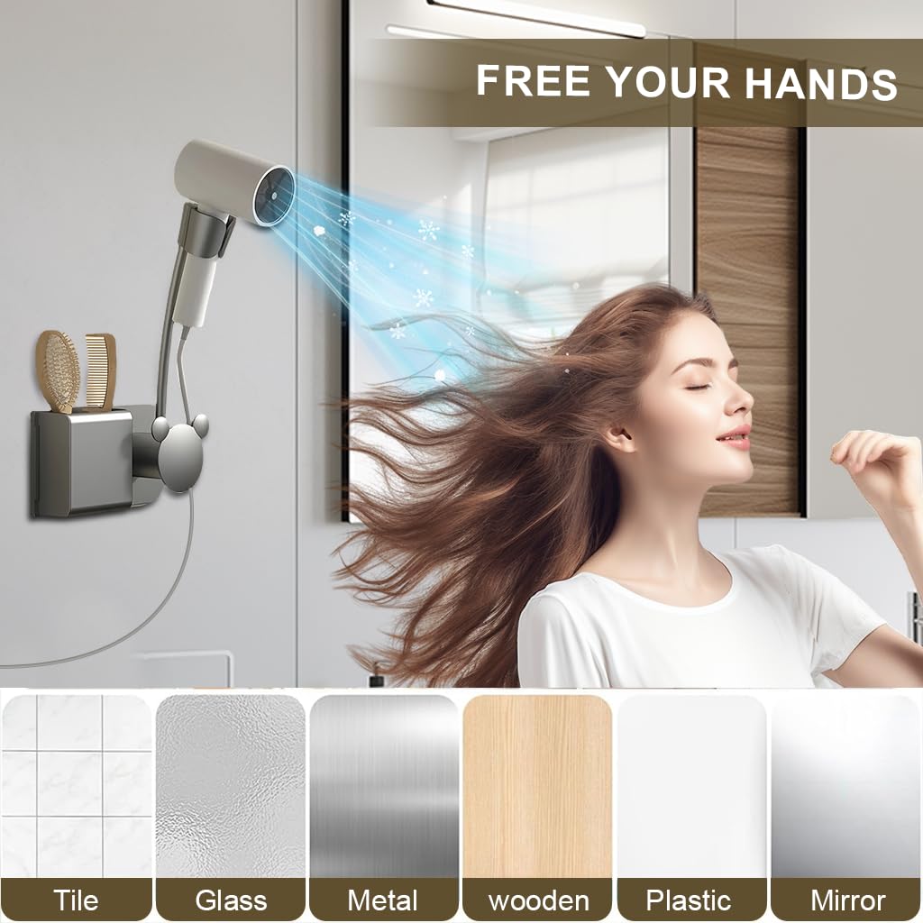 HASTHIP Hair Dryer Holder Wall Mount for Hands Free Styling with Flexible Gooseneck | Bathroom Organizer with Storage Compartment and Cable Management
