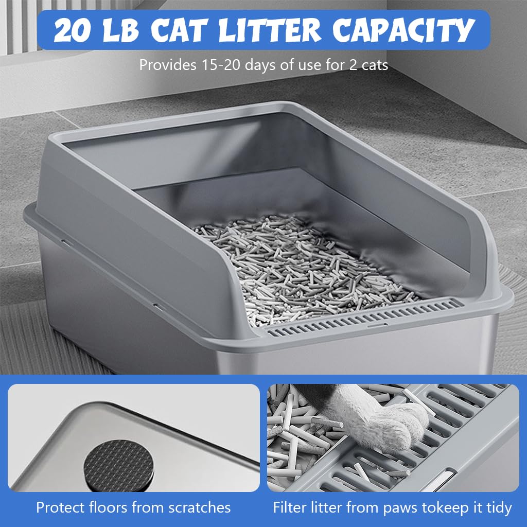 Qpets Cat Litter Box 50x35x20cm for Under 10kg Cats with Anti Tip Base and 304 Stainless Steel Walls | Includes Scoop and 4 Non Slip Mats