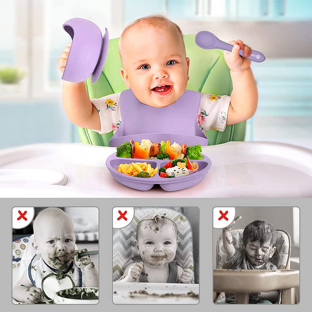 SNOWIE SOFT 5pcs Silicone Tableware Kit for Baby, Baby Silicone Feeding Kit Baby Plate & Bowl with Sucker, Spoon, Fork Bib BPA-Free Dishwasher & Microwave Safe (Pink)