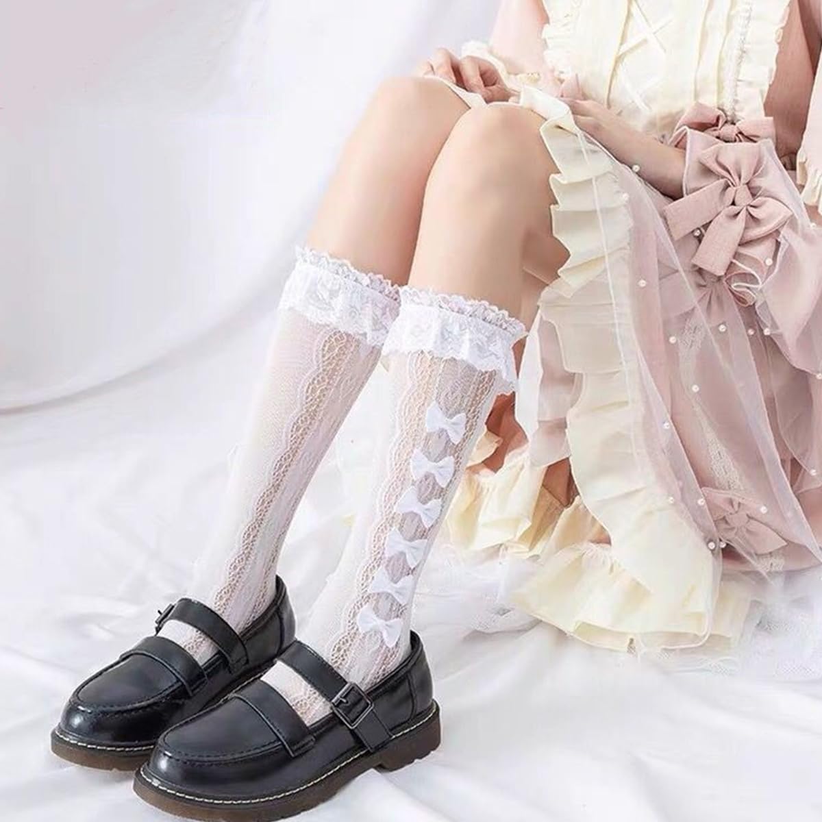 PALAY Lace Topped Calf Length Socks for Girls with Bows and Breathable Trim | 2 PCS