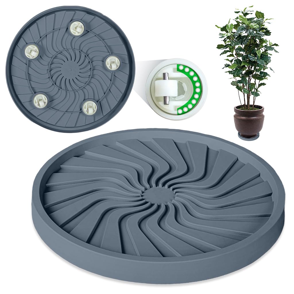 HASTHIP Plant Pot Stand for Indoor & Outdoor Use with 360° Wheels and Spiral Ridged Tray | 37 cm Grey PP Caddy