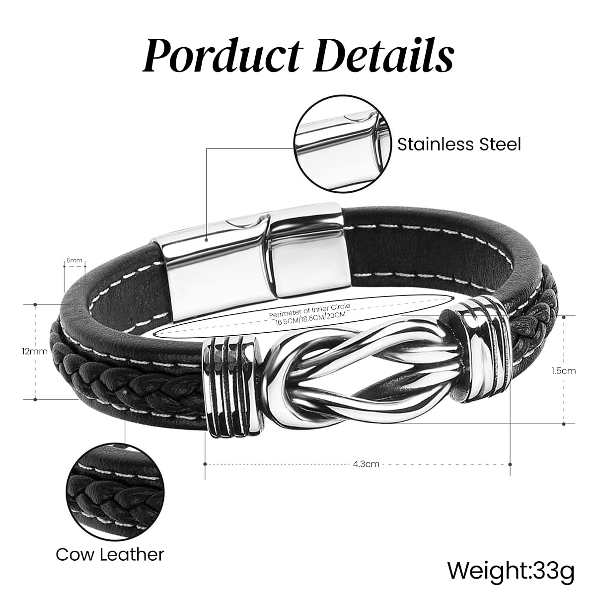 Venzina Leather Bracelet for Men featuring Titanium Steel Twist Ring 8.3 in Black PU | Gift Accessory