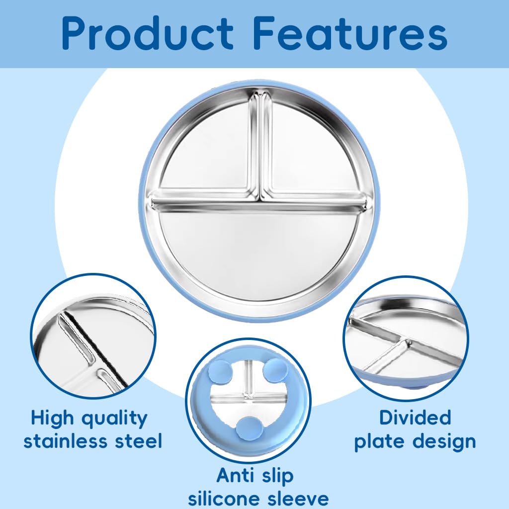 HASTHIP Kids Food Plate for Toddlers with Suction Cups 9 Inch 3 Compartment Stainless Steel | 2PCS
