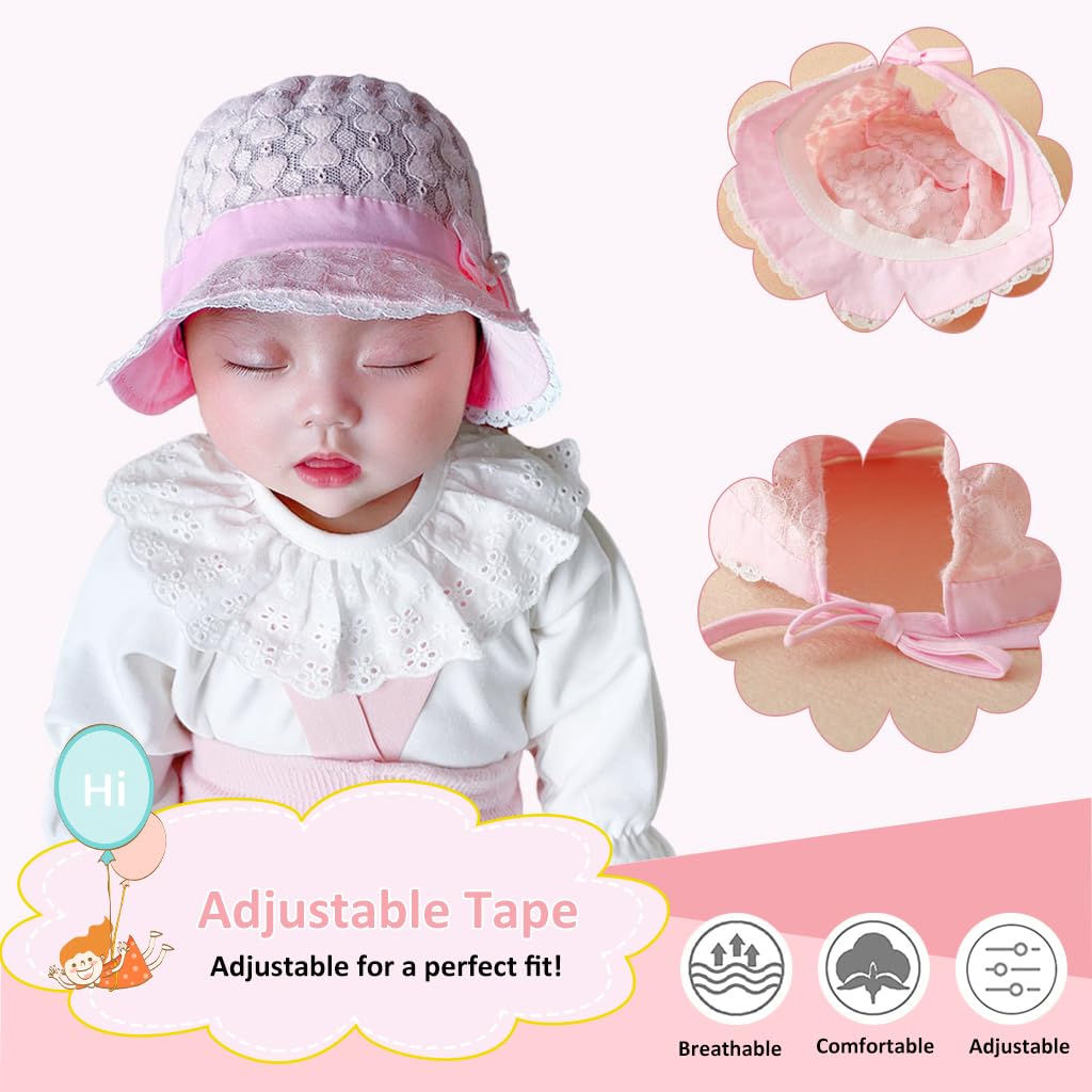 SNOWIE SOFT® Baby Hats for Girls, Adorable Sun Hats for Baby Toddler Girls, Windproof Summer Hat with Strap Bucket Hat Cute Bow Tie Lace Sun Hat Travel Sun Hat for Baby 3-12 Month, Beige