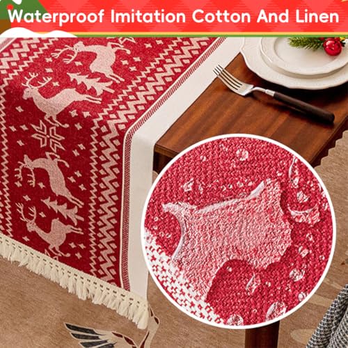 HASTHIP® Christmas Table Runner 35x180cm Festive Red Elk Snowflake Pattern Table Cloth Tassel Edge Design,Waterproof Cotton and Linen Christmas Runner for Party,Gathering