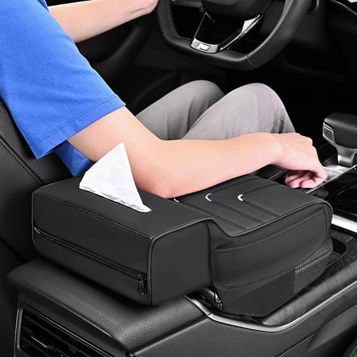 STHIRA Memory Foam Car Armrest Cushion for Enhanced Comfort with Tissue Box & Side Pocket | 33×8×22 cm PU Leather Universal Fit