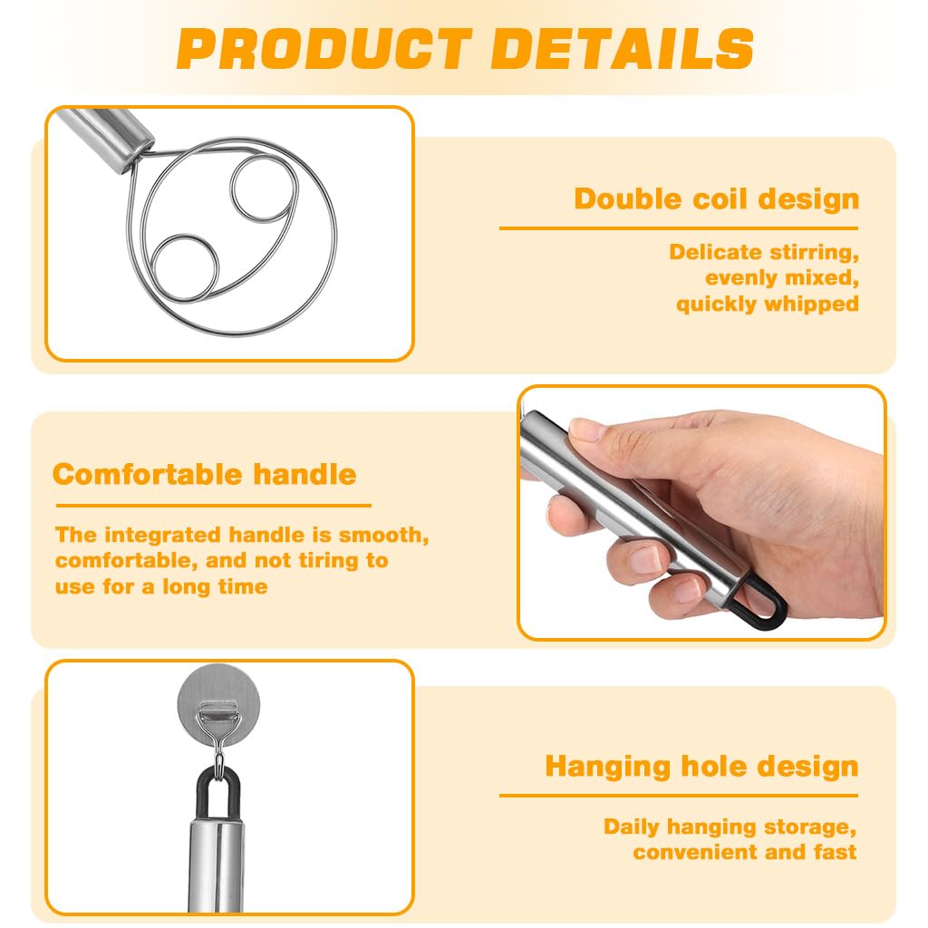 Supvox Danish Dough Whisk for Bread and Pizza Mixing Pack of 2 featuring Open Triplet Loop Stainless Steel Design