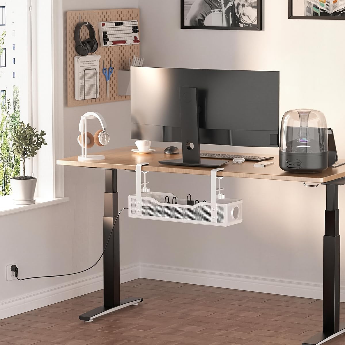 Climberty Under Desk Cable Management Tray with Clamp for Office Use 13x4.7x3.1 in White