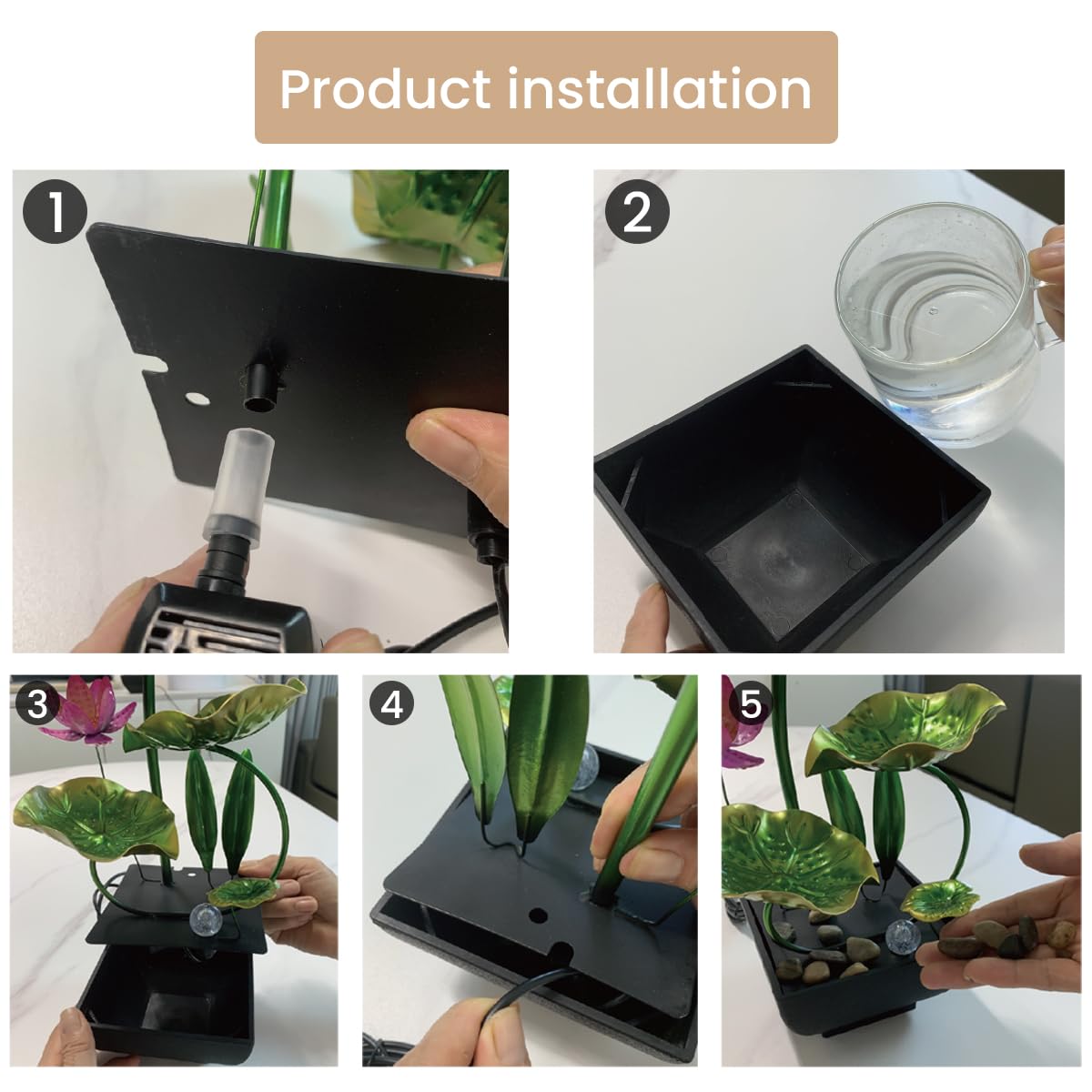 HASTHIP 3 Tier Lotus Desk Fountain for Home Relaxation with Cascading Water and Rocks