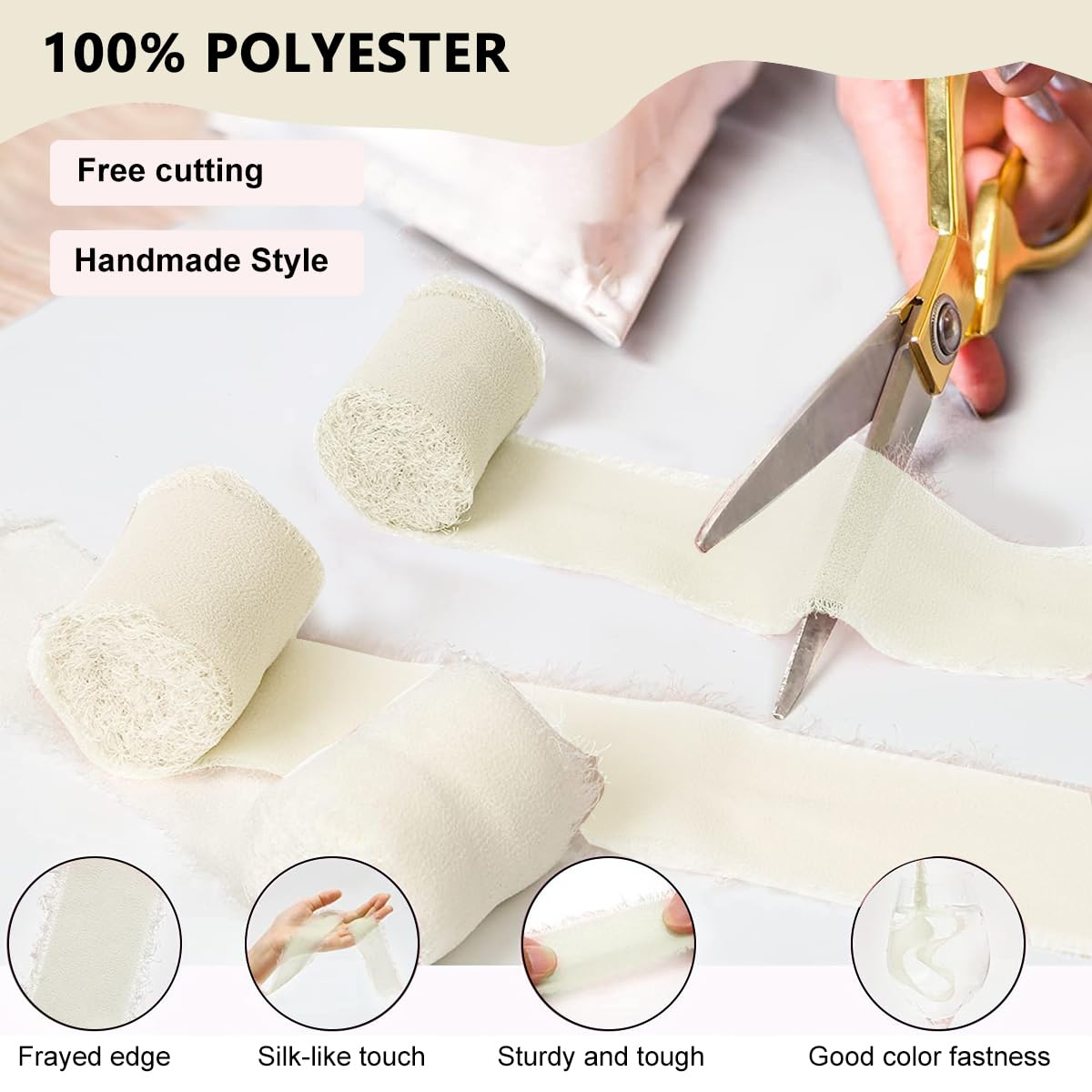 HASTHIP Chiffon Ribbon Set for Wedding and DIY Crafts featuring 3 Rolls 1.5in x 7yd Beige