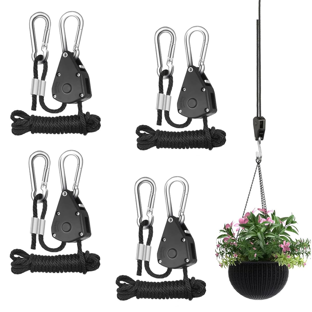 STHIRA Pulley Wheel Hanging Rope for Gardening and Camping with Dual Carabiners | 7.8 ft 1/8 in Nylon Heavy Duty 149 lbs Capacity