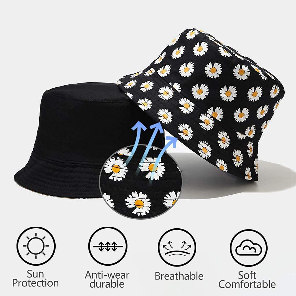 PALAY® Bucket Hats for Women Little Daisy Print Cotton Fisherman Beach Hats Foldable Reversible Bucket Outdoor Casual Summer Sun Hat for Ladies Girls Cap (Black)