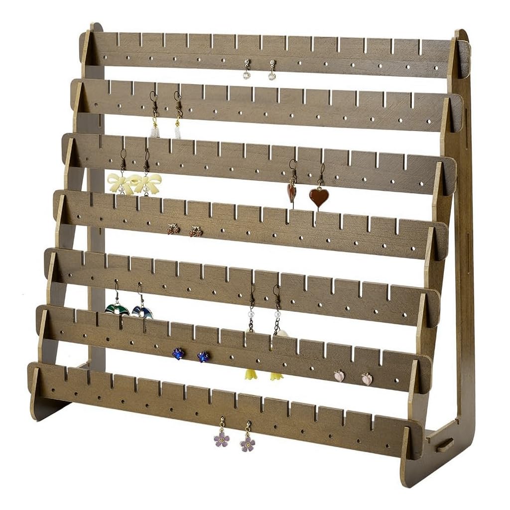 HASTHIP Earrings Organizer for Studs and Hooks with 98 Holes and 91 Slots | Wooden 7 Row Display Stand