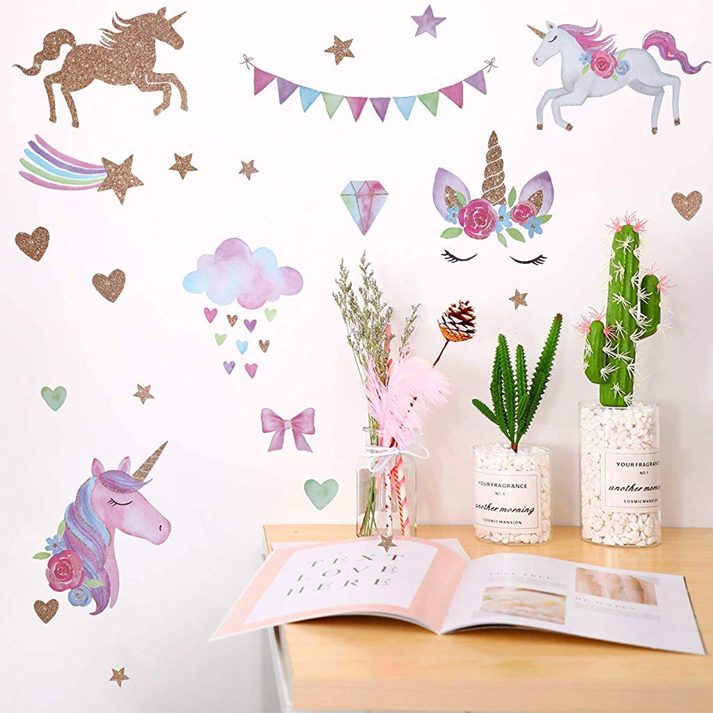 HASTHIP Unicorn Wall Sticker for Kids Room with Self Adhesive Back 23.6 x 8.9 in PVC Pink | Botanical Pattern