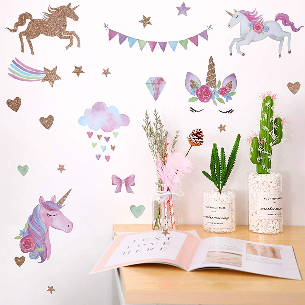 Supvox PVC Unicorn Wall Sticker, 23.5 x 8.85 inches, Pink, Botanical