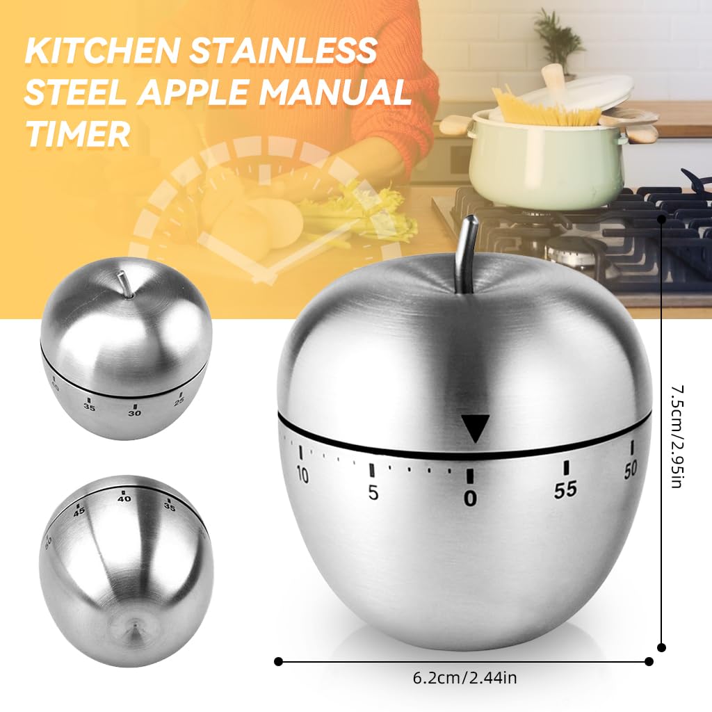 ZIBUYU® Kitchen Manual Timer Stainless Steel Apple Mechanical 60mins Countdown Kitchen Timer  70 Decibels Kitchen Timer Learning Timer