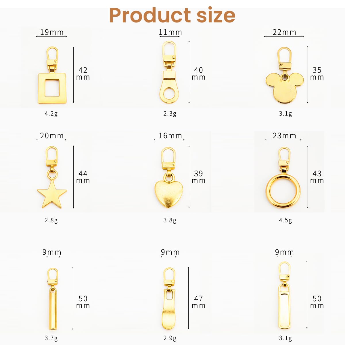 HASTHIP Metal Zipper Pull Replacement Set for Bags and Jackets with 9 Styles Gold Finish | 10pcs