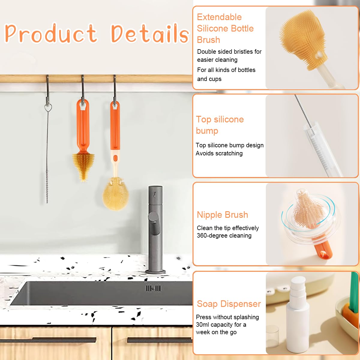 Baby Bottle Cleaning Brush Set with 30ml Spray Bottle and 2 in 1 Storage Case | BPA Free Silicone